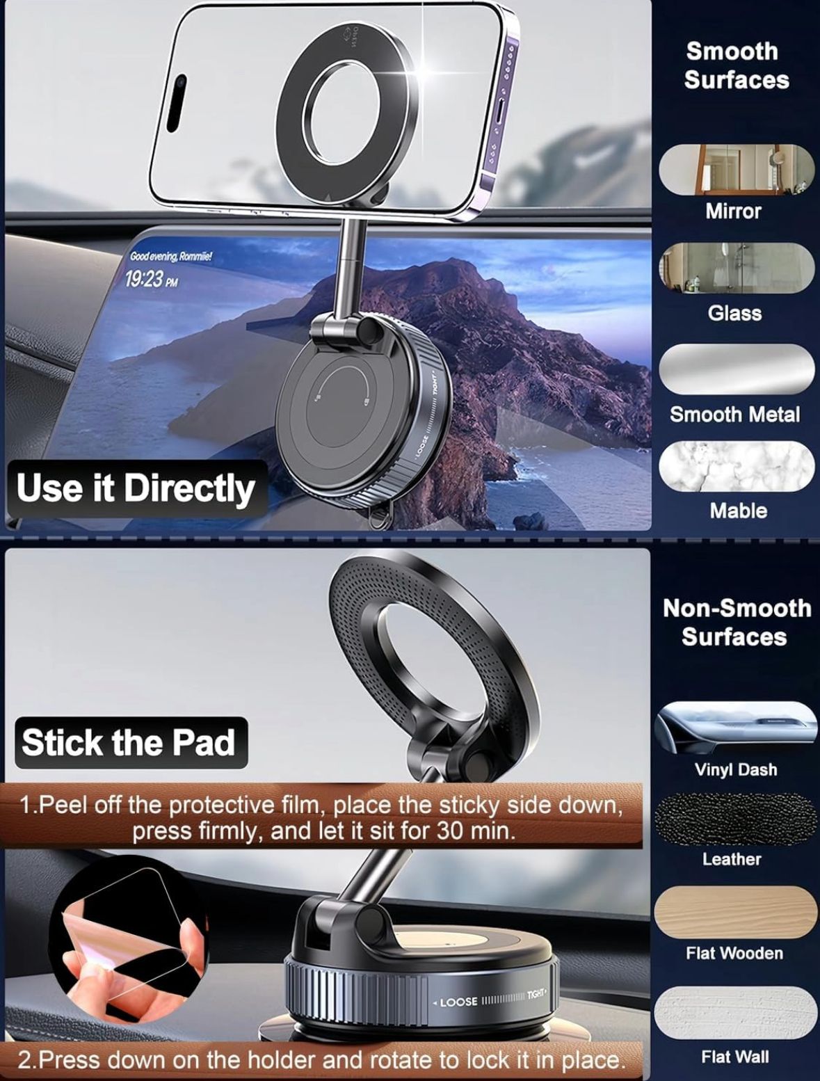 Vaccum Magnetic Phones Holder, Magnetic Car Phone Mount, Hands-Free for Car/Gym/Mirror/Shower Compatible with All Mobile